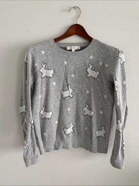 Ann Taylor LOFT Gray Bunny-Print Crewneck Sweater